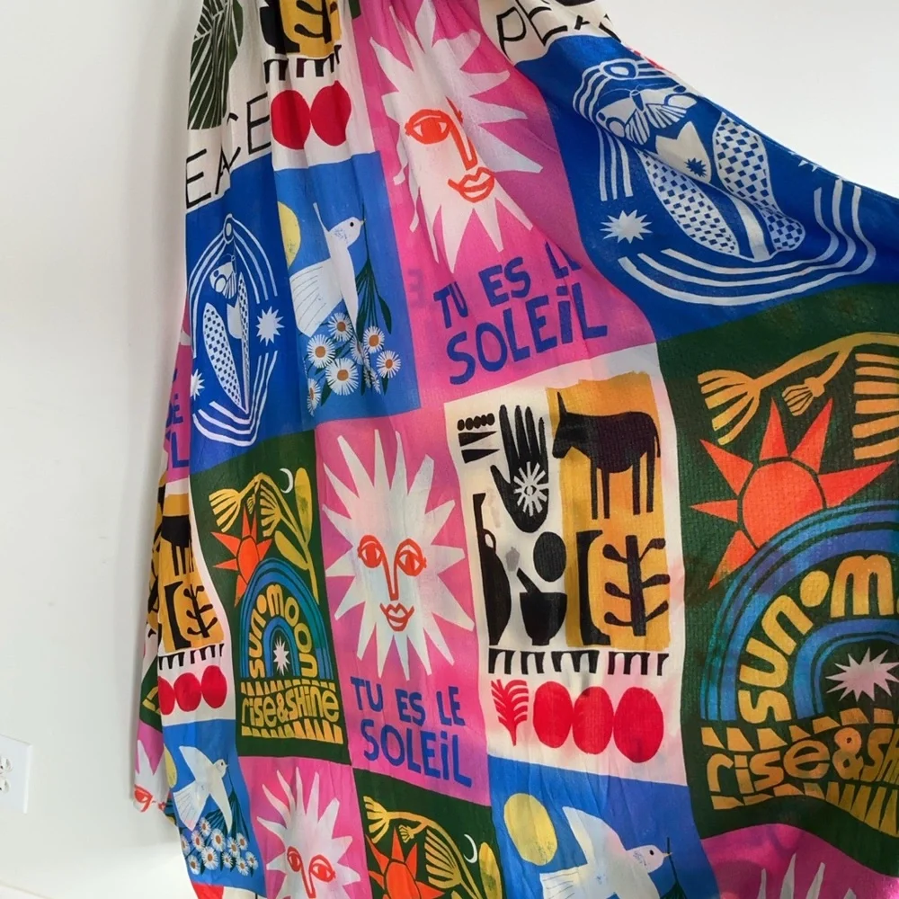 NEW Anthropologie Cutout Maxi Dress Vibrant Statement Artsy Patchwork Sun moon S - Picture 7 of 9